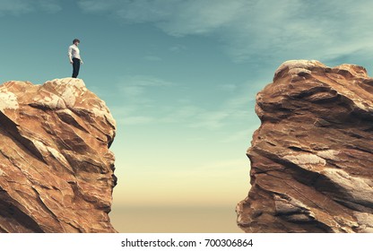 Young Man On A Rock In Front Of A Chasm. This Is A 3d Render Illustration