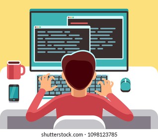 Young man programmer working on computer with code on screen. Student programming concept. Man work with computer, programmer professional and character of freelancer on workplace illustration