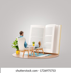 Young man reads a book sitting on an armchair at home. Reading and education concept. Unusual 3d illustration - Powered by Shutterstock