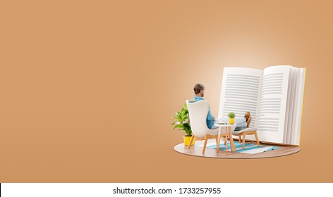 Young man reads a book sitting on an armchair at home. Reading and education concept. Unusual 3d illustration - Powered by Shutterstock