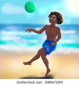 A Young Man Is Relaxing On The Beach Playing Ball. Ball Freestyle.