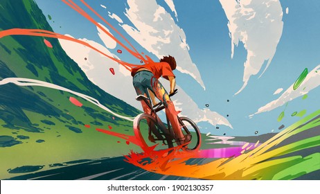 young man riding a bicycle with a colorful energy, digital art style, illustration painting