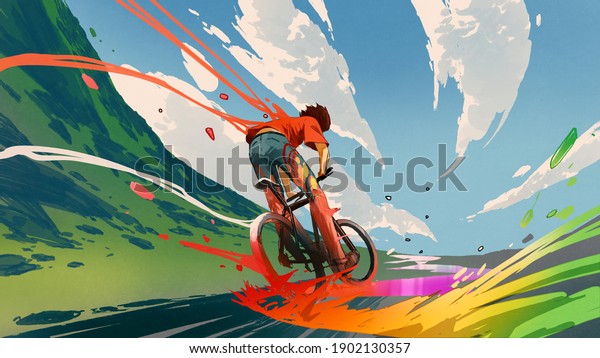 young man riding a bicycle with a\
colorful energy, digital art style, illustration\
painting