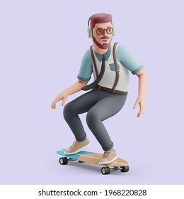 Young Man Riding Fast On A Longboard With Headphones. Mockup 3d Character Illustration