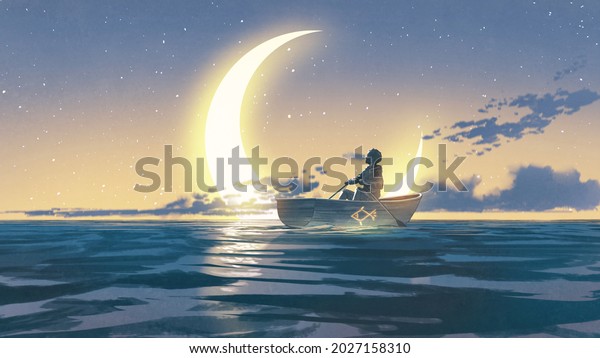 young man rowing a boat in\
the sea looking at the crescent, digital art style, illustration\
painting