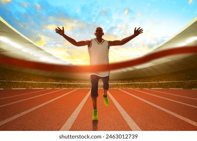 Young man runner celebrating to finish line in the stadium with sunlight sky, 3d illustration  - Powered by Shutterstock