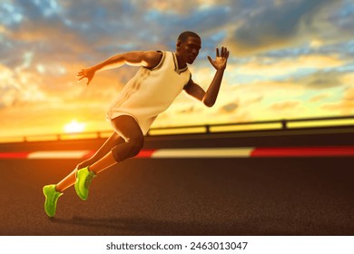 Young man runner sprinting on the street, city park in the morning with sunlight sky, 3d illustration - Powered by Shutterstock