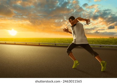 Young man running on the street, city park in the morning with sunlight sky, 3d illustration - Powered by Shutterstock