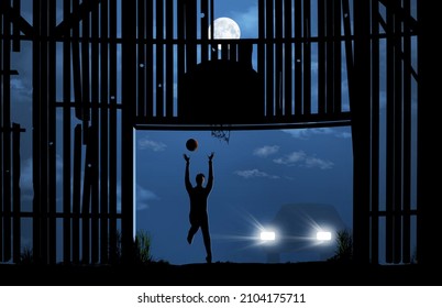 A young man shines his car’s headlights on the old barn where he is practicing basketball in the moonlight. This is a 3-d illustration