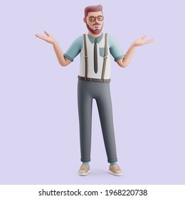 Young Man Shrugs His Shoulders In A Choice Posture. Mockup 3d Character Illustration