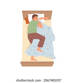 Young Man Sleeping In Bed At Home, Bedtime And Relaxation At Night. Cosy Bedding, Flat Cartoon Character Sleep On Pillow Under Blanket, Adult Guy Rest Alone In Bedroom, Male Fall Asleep