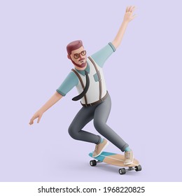 Young Man Sliding On A Longboard. Mockup 3d Character Illustration