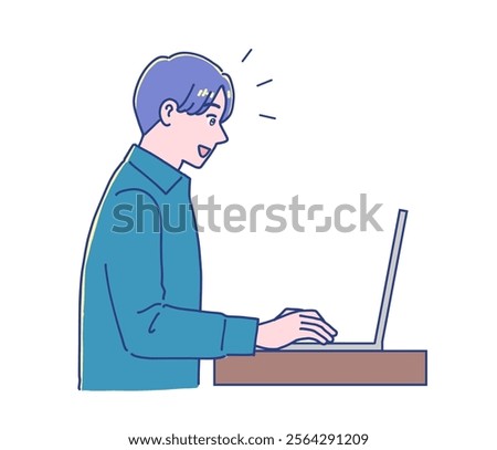 Young man smiling and using a laptop