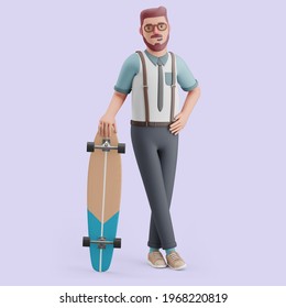 Young Man Standing With A Longboard. Mockup 3d Character Illustration