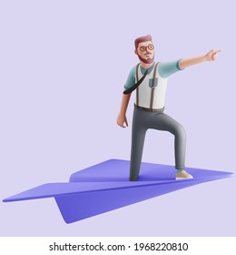 Young Man Standing On A Giant Paper Plane And Pointing Forward. Mockup 3d Character Illustration