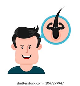 Young Man With Strong Beauty Healthy Hair. Strong Healthy Hair Character Concept Infographic. Flat Cartoon Illustration Icon. Isolated On White Backgound