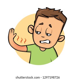 Young Man With A Sunburn. Flat Design Icon. Colorful Flat Illustration. Isolated On White Background. Raster Version.