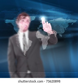young man touches a virtual surface. Illustration