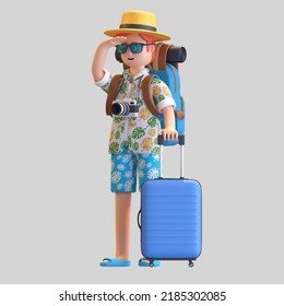 Young Man Traveler Holding Luggage While Stand 3D Character Illustration