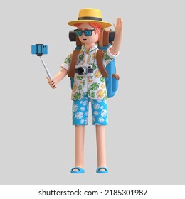 Young man traveler taking selfie photo with monopod 3D character illustration - Powered by Shutterstock