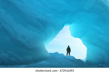 Young Man Under An Ice Arch. This Is A 3d Render Illustration