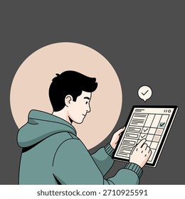 Young man using digital tablet to manage schedule. Person completing tasks on interactive to-do list, tracking productivity and making plans. Digital organization and efficient time management.