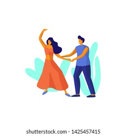 Young man and woman friends dancing together to party music on isolated background. Stylish people at festival event, outdoor concert or club dance floor - Powered by Shutterstock