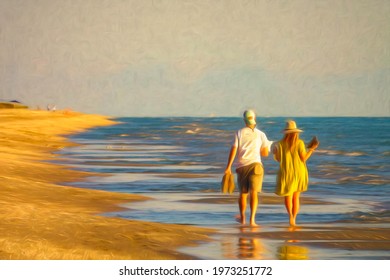 Young man and woman walk barefoot together across shallows of rising tide along sandy beach near sunset on a barrier island on the Gulf Coast of Florida, with digital painting effect. 3D rendering. - Powered by Shutterstock