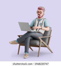 Young man working In a comfortable chair. Freelance Mockup 3d character illustration