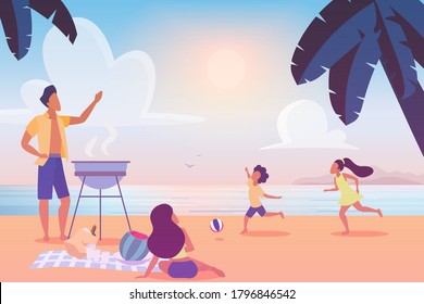 Young married couple preparing bbq grill on sunset beach while small kids playing having fun, flat cartoon.  happy family enjoying outdoors summer holiday activity, picnic barbecue party. - Powered by Shutterstock