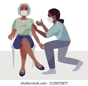 Young Medical Professional Woman Administering Vaccine Shot To Stylish Older Woman