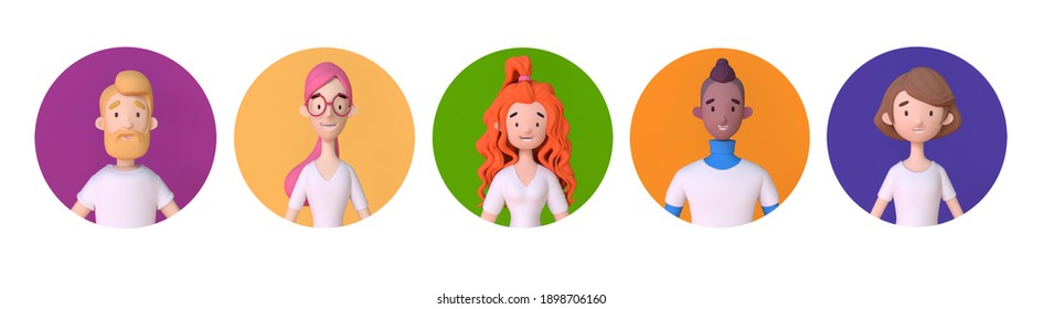 Young men and women faces and shoulders avatars. 3D render style icons set.