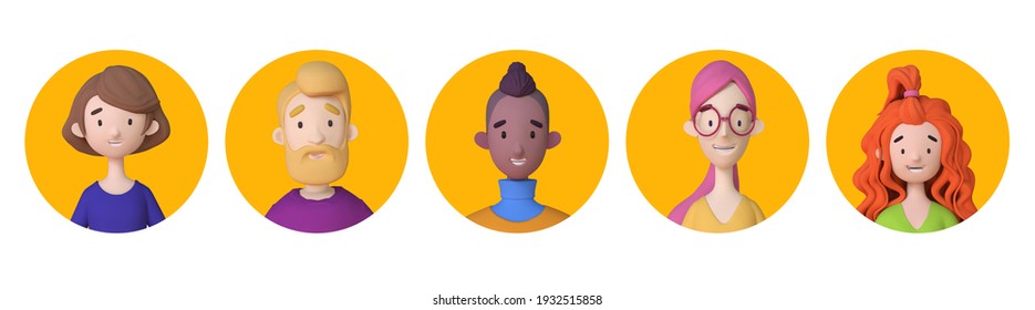 Young Men And Women Faces And Shoulders Avatars On A Yellow Background. Trendy 3d Illustration Icons Set.