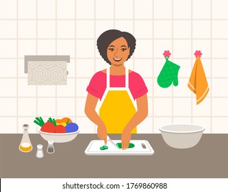 Young Modern Black Woman Cuts Fresh Vegetables For Salad Or Ragout In The Kitchen. Flat Cartoon Illustration. Mom Cooks Dinner For Family. Cooking At Home. Preparing Vegetarian Diet Meal