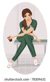 The Young Nurse Sitting With A Cup Of Coffee In The Locker Room.