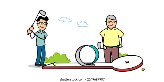 Young and old man play mini golf together on miniature golf course in their free time - Powered by Shutterstock