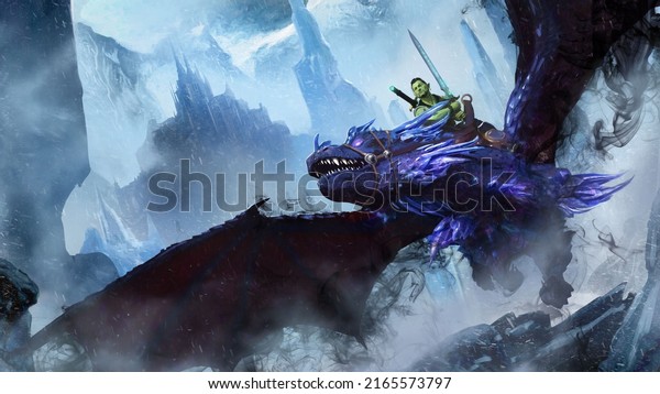 A young orc warrior with a two-handed sword is\
flying on a huge shadow dragon with purple scales and crystals,\
darkness oozes from his body, behind an ice kingdom in rocks and\
snow. 3d rendering.