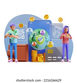 Young People Activate Security Services In Paying Via Mobile Apps, 3d Character Illustration