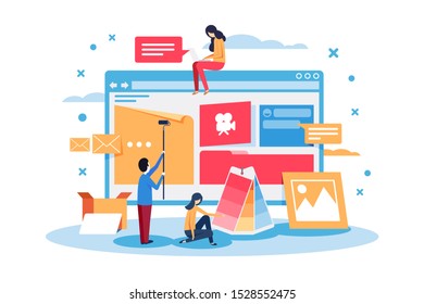 Young people create web site design. Concept online workplace, man and woman at work, employee, administrator, landing page. illustration.