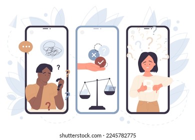 Young people with question marks and tangle thread on screens of mobile phones illustration. Cartoon persons with troubles in communication or work. Psychology, online psychotherapy concept