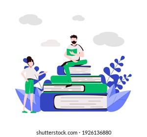 Young People Reading Books In The Park. Summer Landscape Background. Holidays Time. Back To School, Study, Learning, Knowledge And Education  Concept