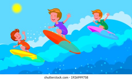 Young people surfing. Child on a surfboard on the ocean wave.
 
  Active water sports for children.
