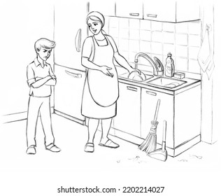 Young Preteen Male Guy Stand Speak Teach Talk Mom. Hand Drawn Spoil Bad Upset Lazy Face Express Sad Feel Mood Broom Clean Job Do Not Want Wash Up Dish Care Graphic Art Sketch Dirty House Floor Routine