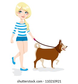 Young Pretty Blond Girl Walking Dog Stock Vector (Royalty Free) 109872629