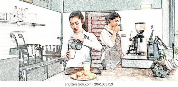 Young Professional Barista Preparing Hot Drinks For Orders Service. Two Waitresses Standing At Counter In Coffee Shop. Outline Drawing Sketch Cafeteria Owner Hold A Mug Of Fresh Beverage For Breakfast