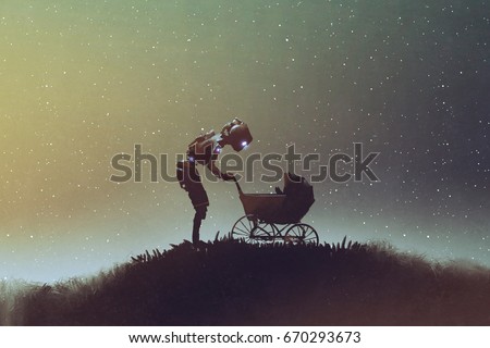young robot looking at baby in a stroller against starry sky, digital art style, illustration painting