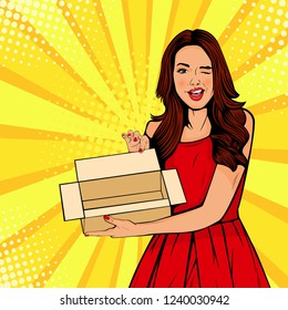 Young Sexy Surprised Woman Holding Empty Box. Illustration In Retro Comic Pop Art Style. Gift Certificate Template.