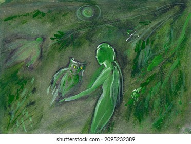 Young Slender Nude Woman In Deep Dense Forest At Midnight Holds An Big Owl With Yellow Eyes In Her Hands. Fairy Tale. Horrors. Dark Green Forest Background And Silhouettes Of Trees And Birds At Night.