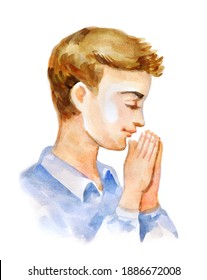 Young small saint holy kneel plead sad body. Light biblical paper text space. Forgive spirit thank bless Lord trust sacred picture design in retro cartoon paint drawn bible style. Closeup profile view