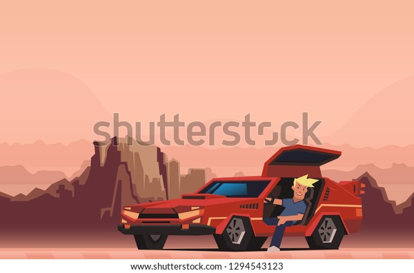 Young smiling guy sitting in red racing car on\
canyon desert background. Happy traveler. Flat illustration,\
horizontal. Raster\
version.